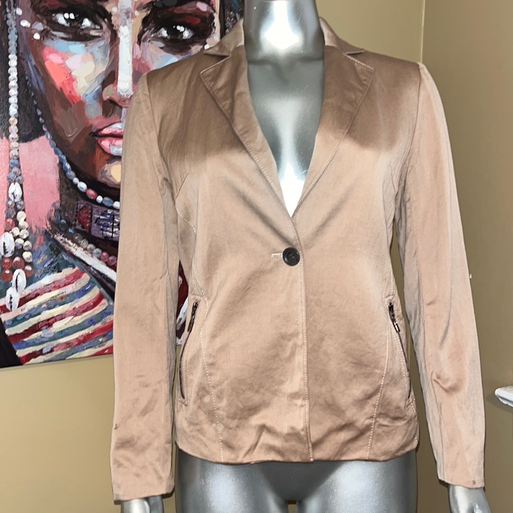 Cordier suit jacket blazer tan pockets size small zippers brown professional
